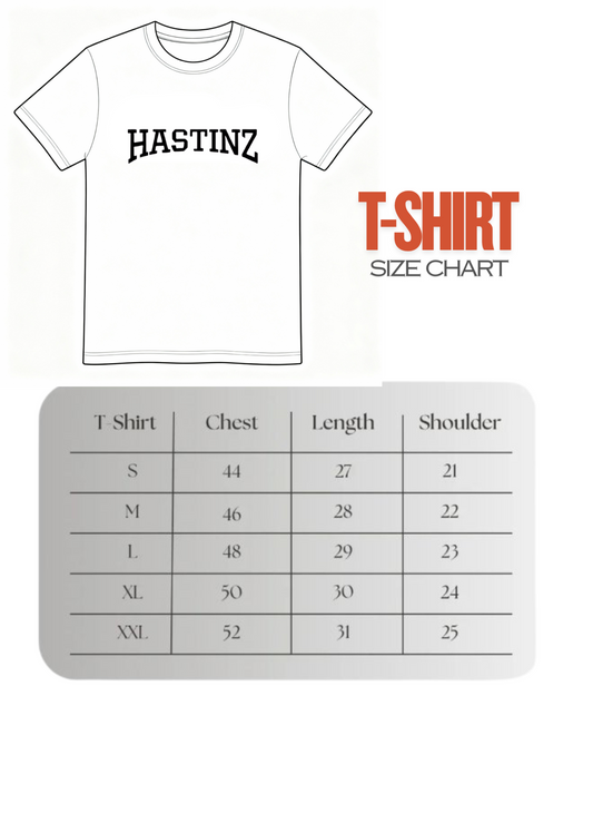 Hastinz oversized t-shirt size chart with measurements - chest, length, and shoulder dimensions for sizes S, M, L, XL, XXL in inches