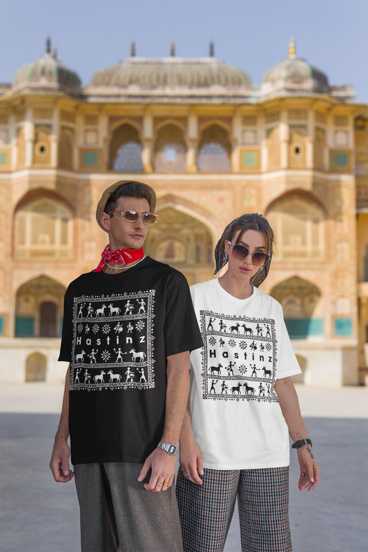 Hastinz Premium Oversized Tee – Ethnic Warli Art Edition