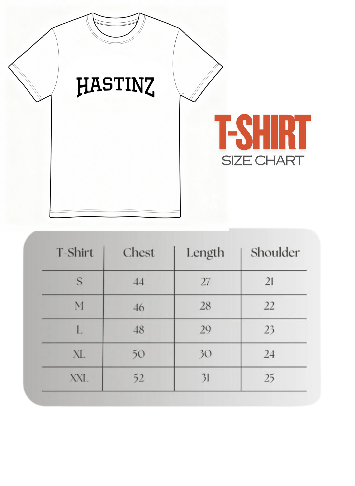 Hastinz oversized t-shirt size chart with measurements - chest, length, and shoulder dimensions for sizes S, M, L, XL, XXL in inches