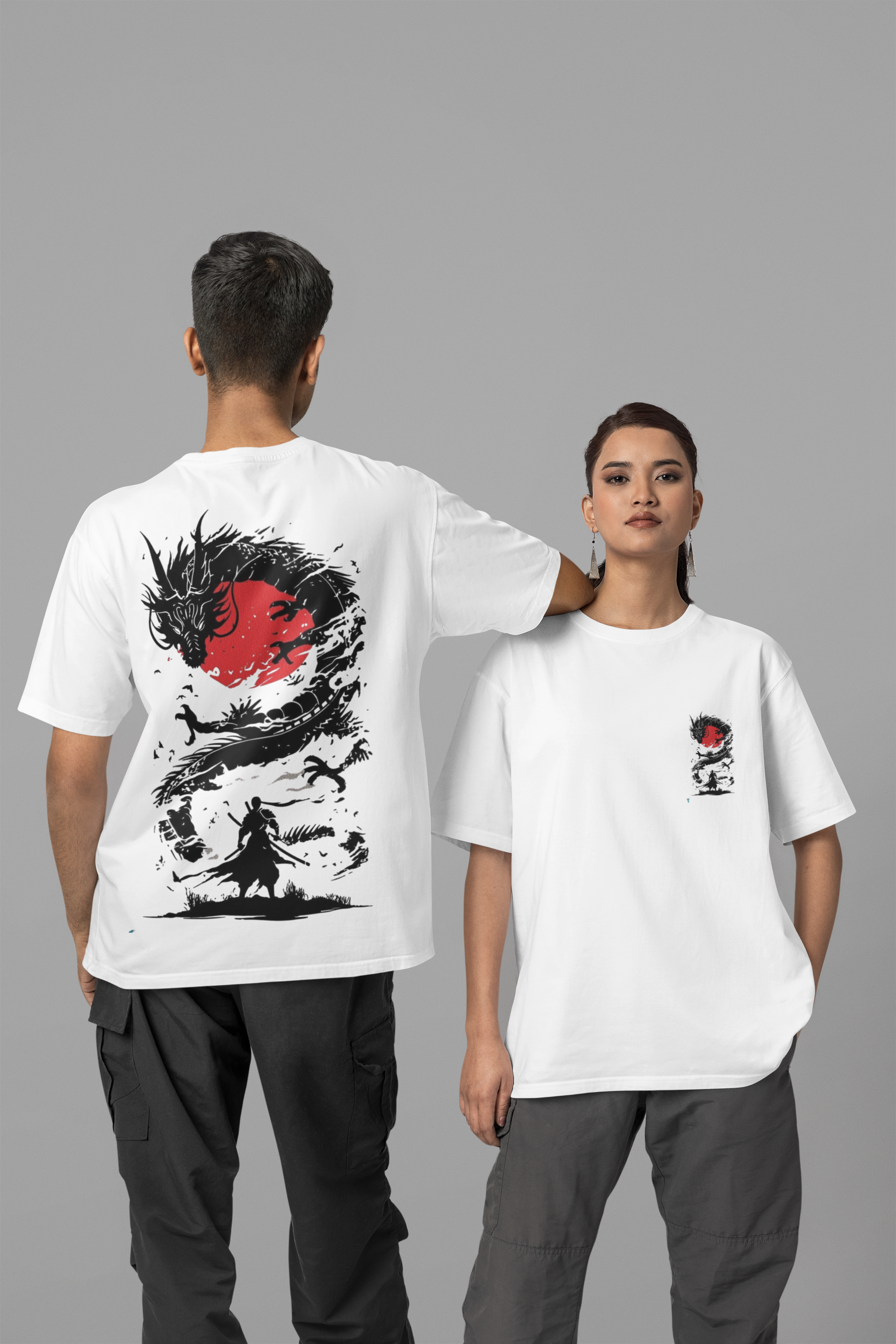 Hastinz Samurai Dragon Edition oversized t-shirt front and back view - white premium cotton tee with artistic samurai and dragon design in black and red