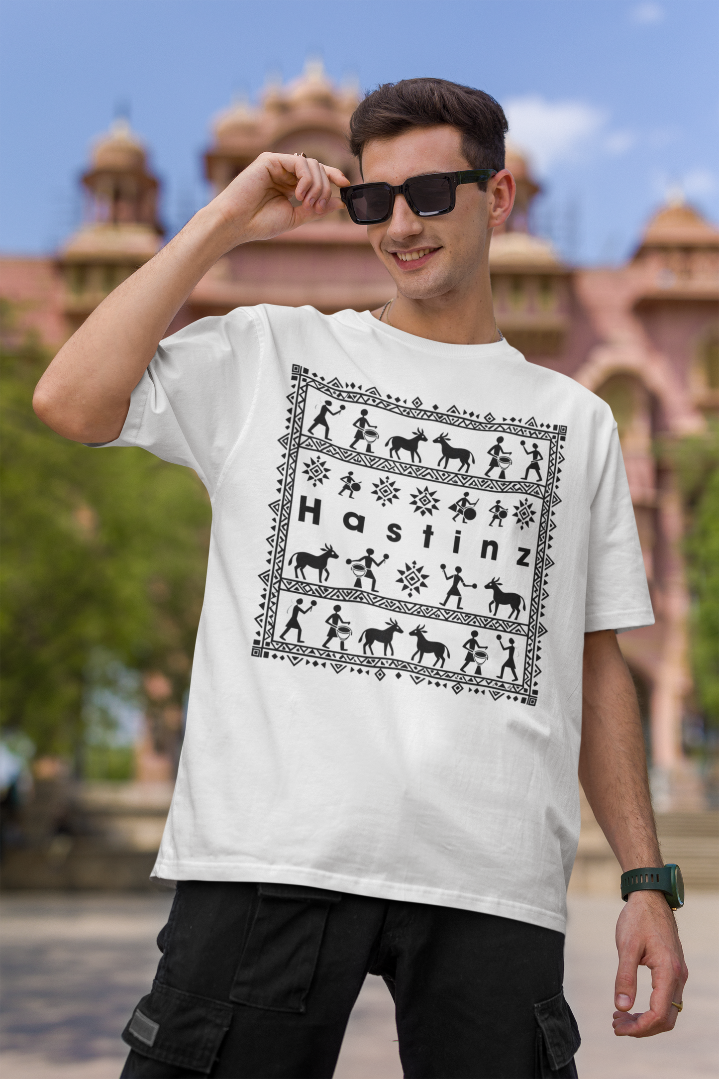 Hastinz Premium Oversized Tee – Ethnic Warli Art Edition